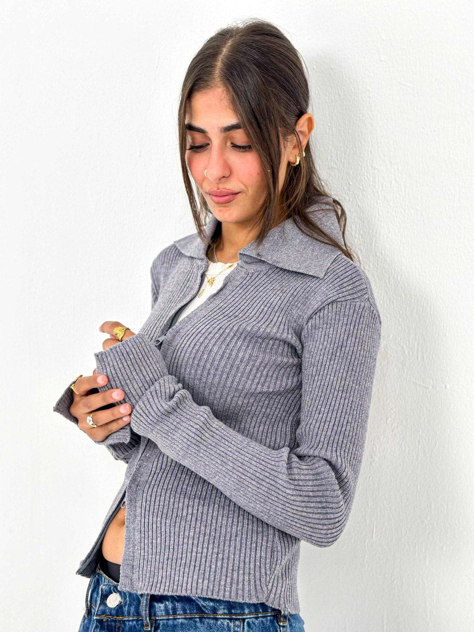 Gray Ribbed Two-Way Zip