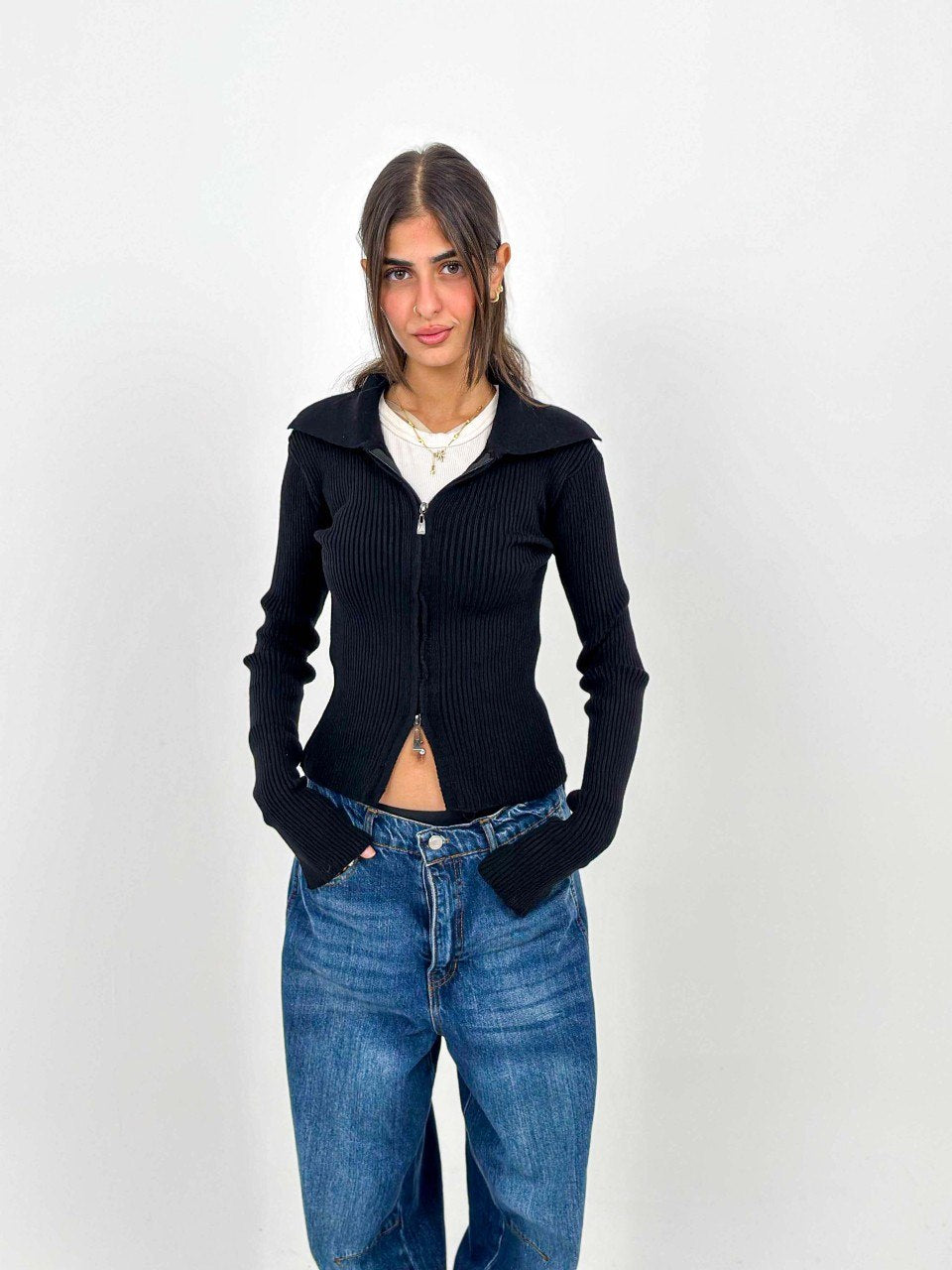 Black Ribbed Two-Way Zip