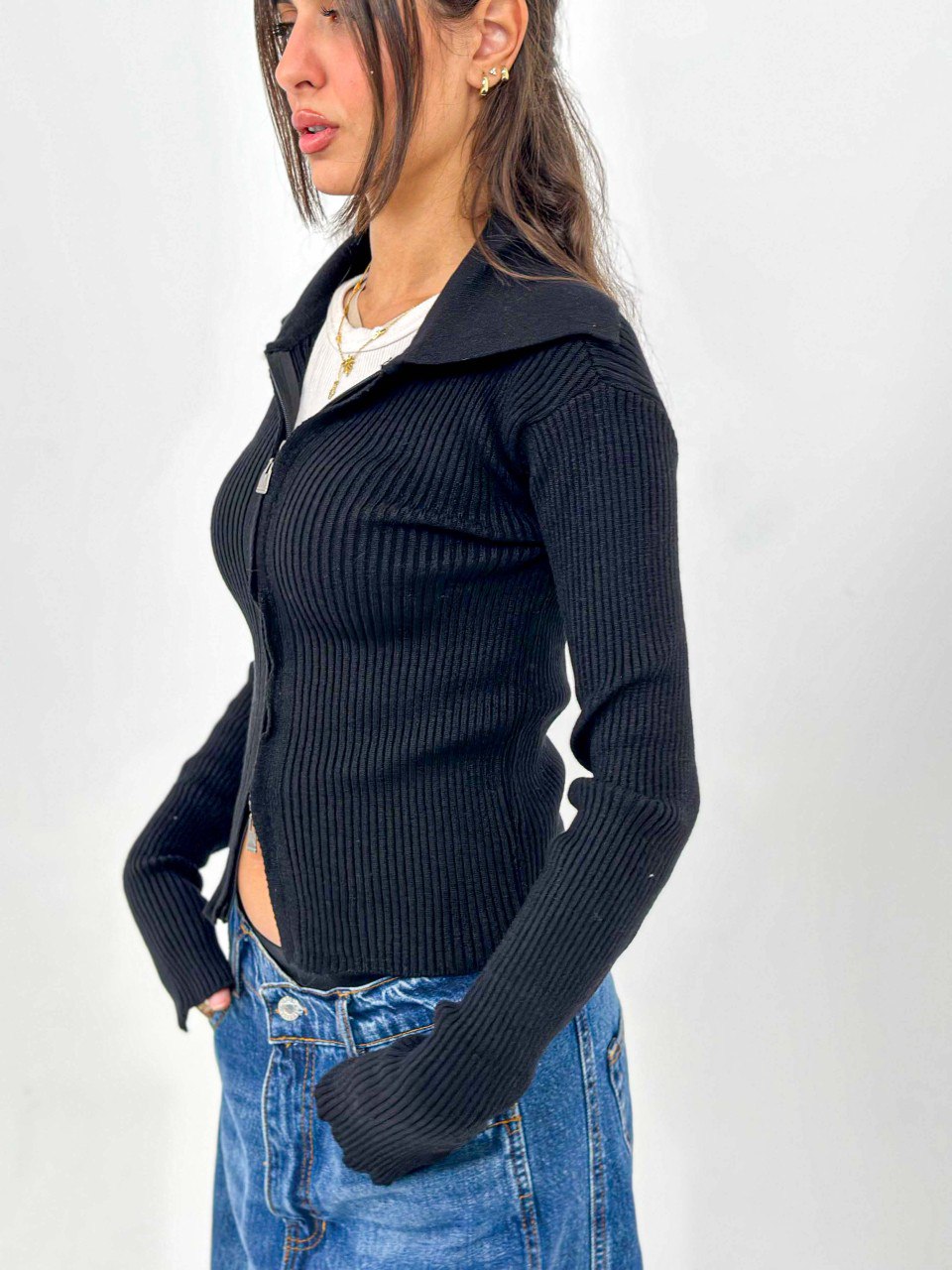 Black Ribbed Two-Way Zip