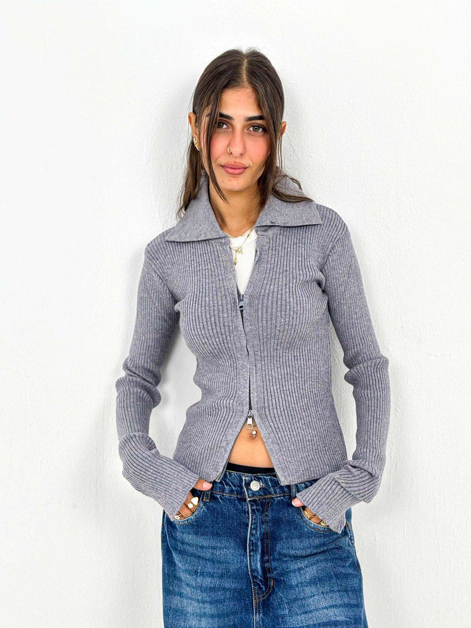 Gray Ribbed Two-Way Zip