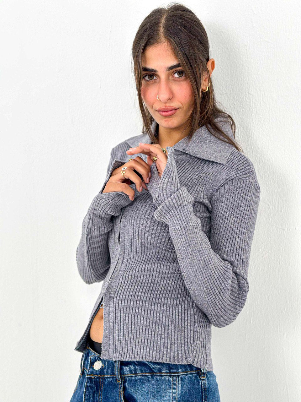 Gray Ribbed Two-Way Zip