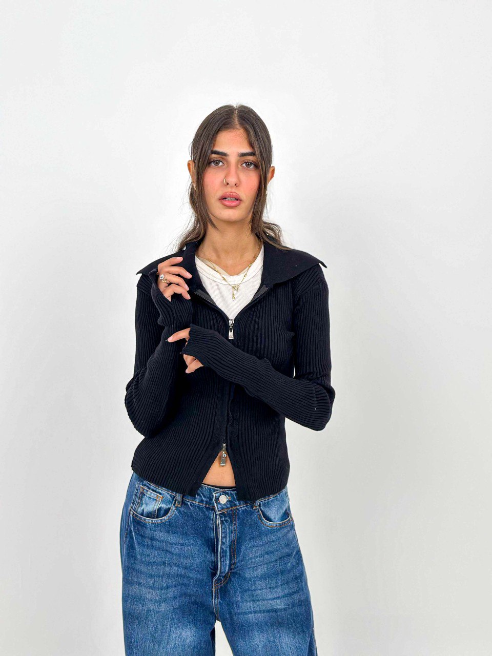 Black Ribbed Two-Way Zip