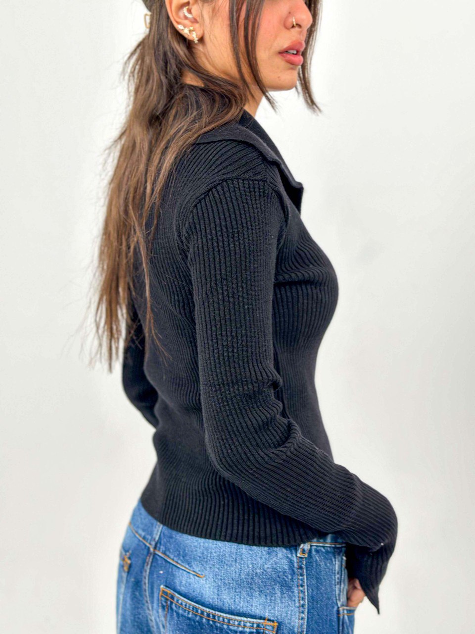 Black Ribbed Two-Way Zip