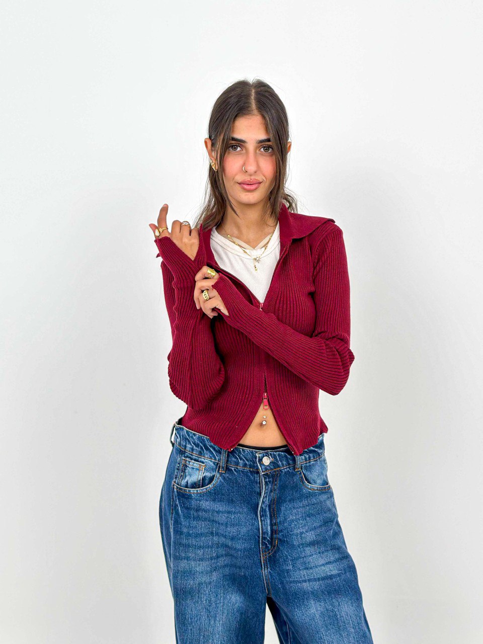 Ruby Red Ribbed Two-Way Zip