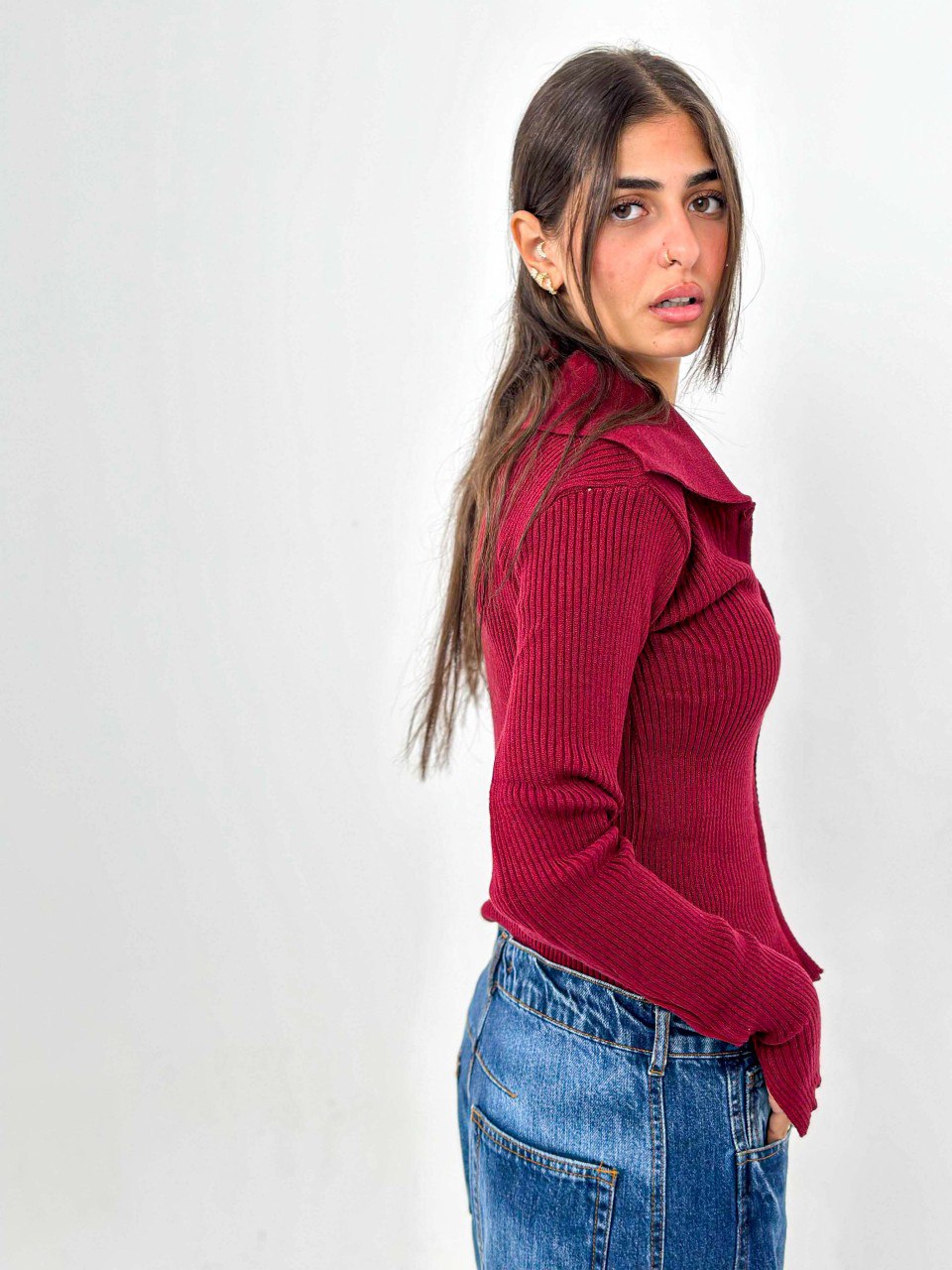 Ruby Red Ribbed Two-Way Zip