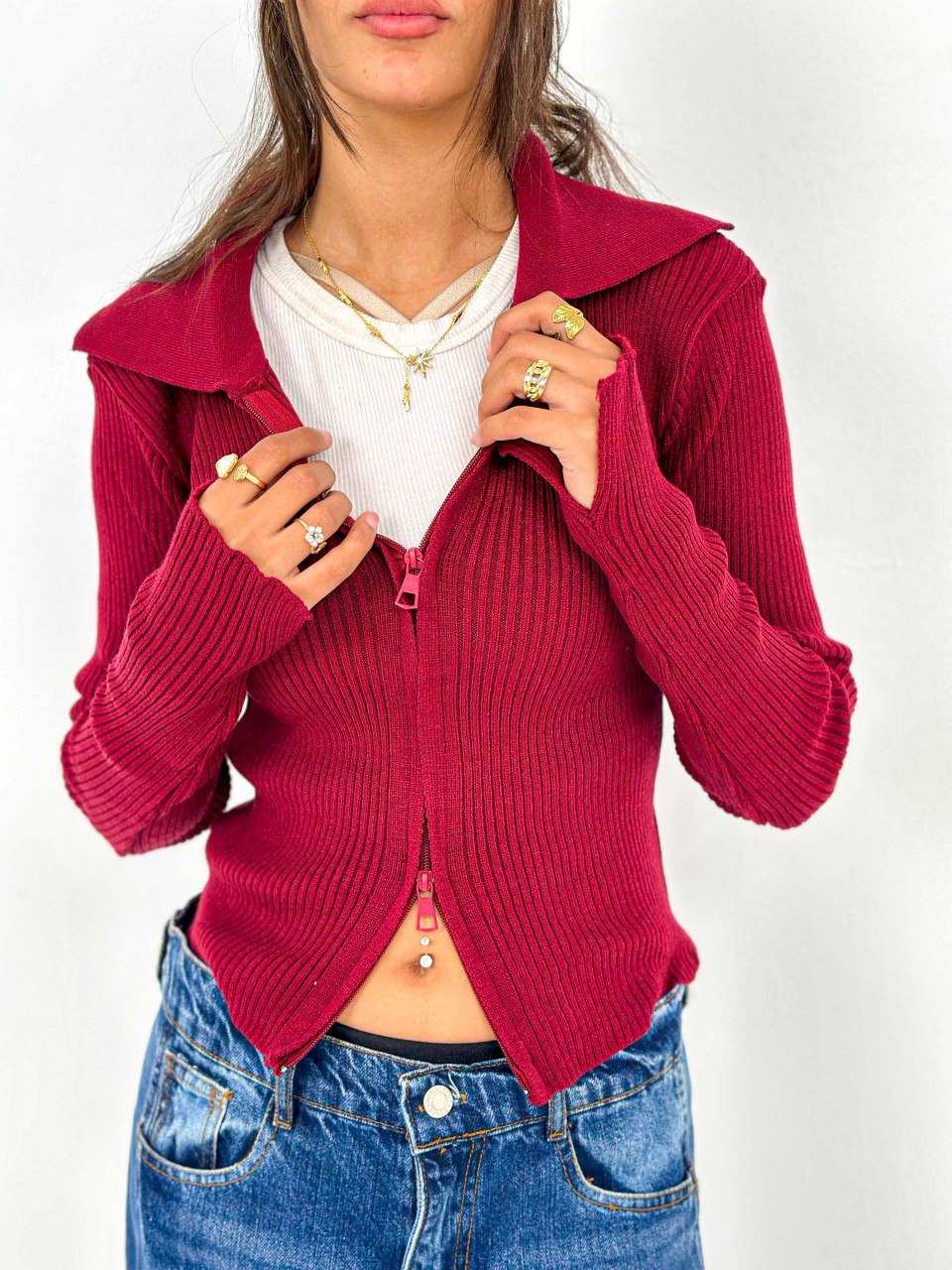 Ruby Red Ribbed Two-Way Zip