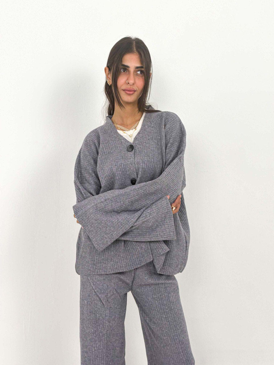 Gray Buttoned Knit Set