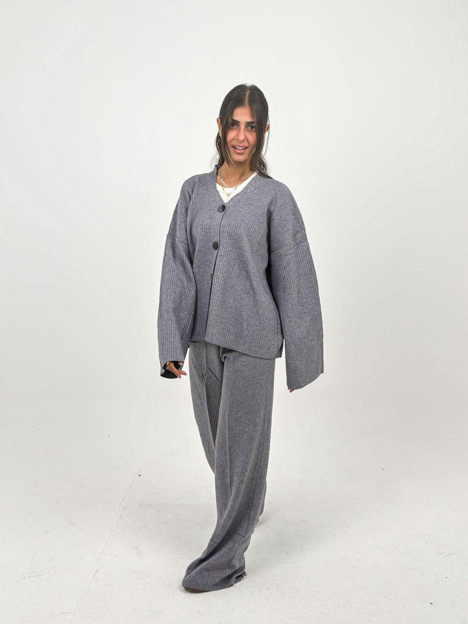 Gray Buttoned Knit Set