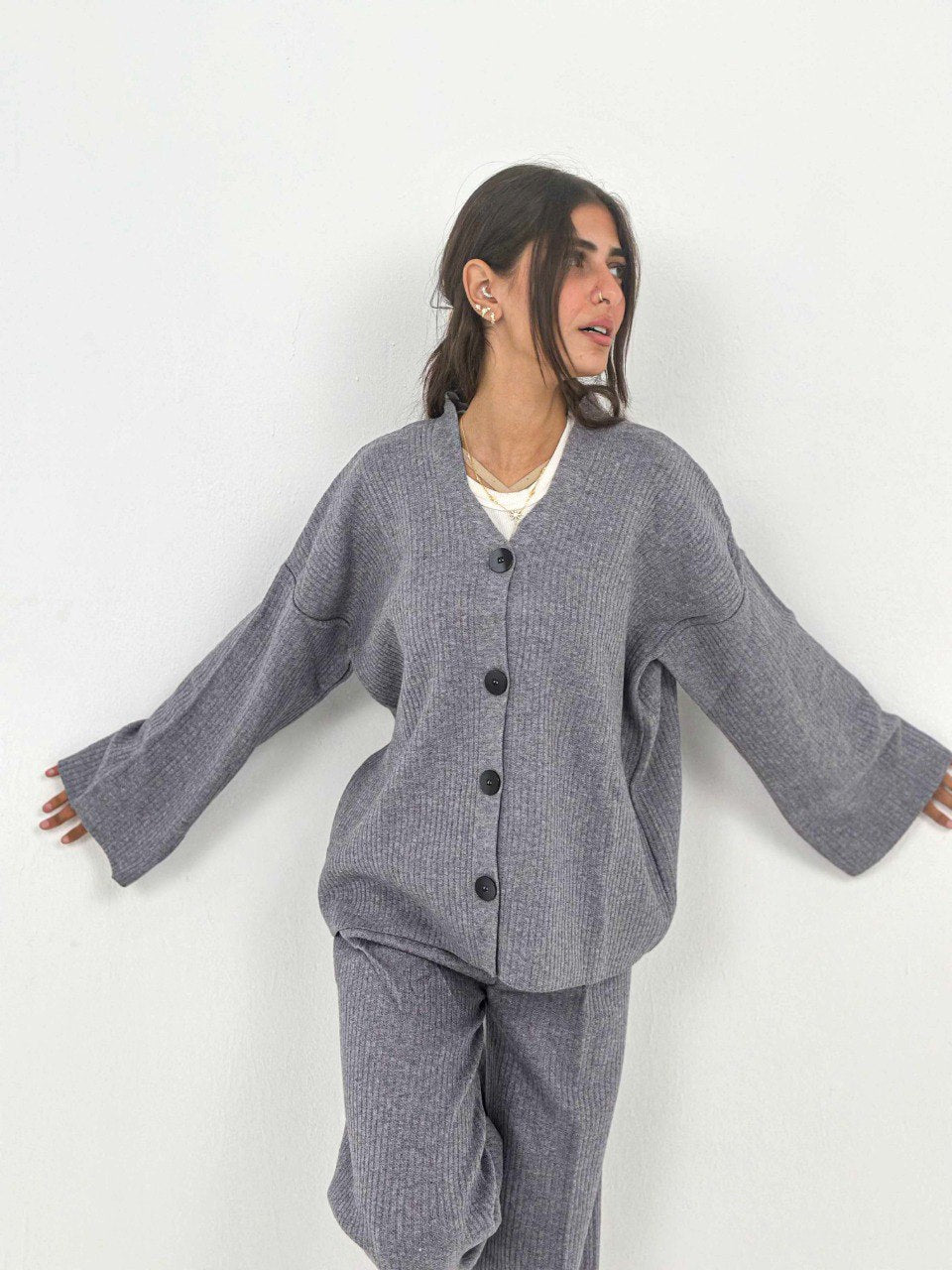 Gray Buttoned Knit Set