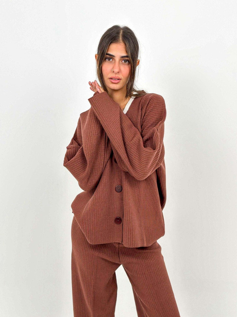 Brown Buttoned Knit Set