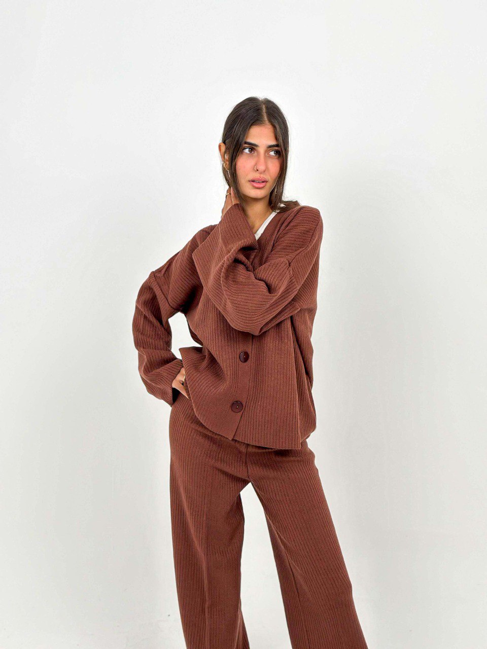 Brown Buttoned Knit Set