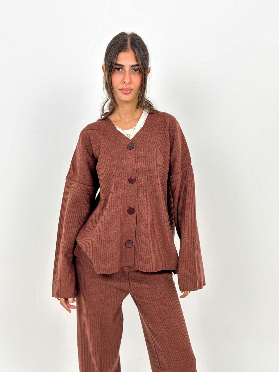 Brown Buttoned Knit Set
