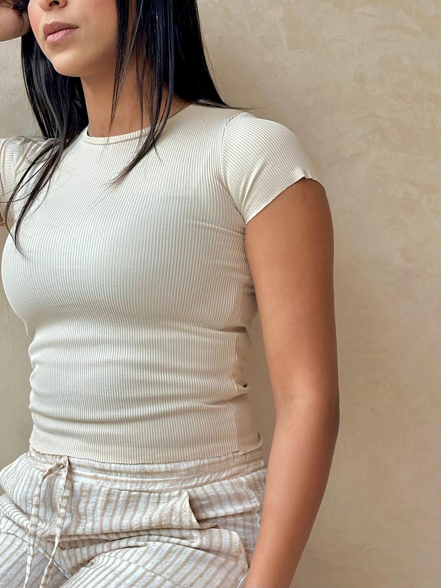 Ribbed Knit Basic T-shirt in Biege