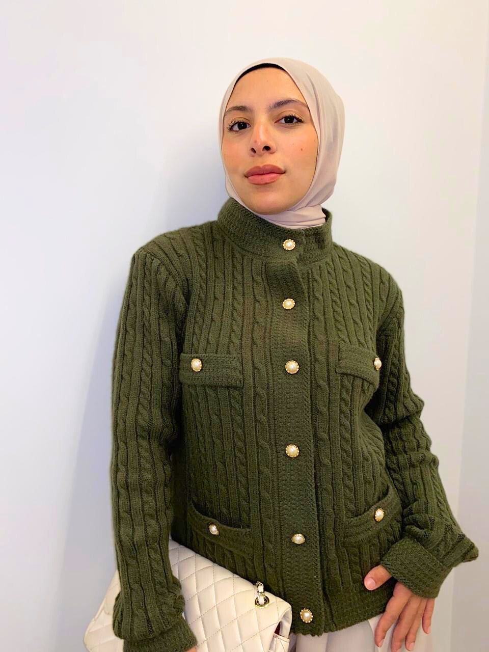 Olive Pearl Button Knit Pullover